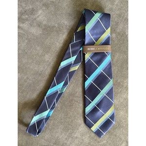 New NWT Men's BCBG Attitude Designer Tie 100% Silk Navy Blue Turquoise Spring